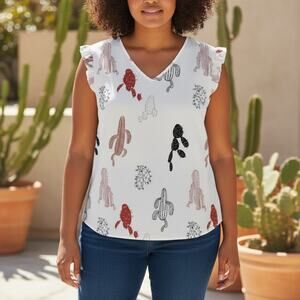 SHEIN Curve White Cactus Print Ruffle Sleeve Flowy V-Neck Top sz 1XL